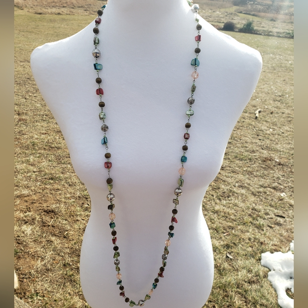 9. Beaded and Stone Chip Necklace - Can Be Styled As Long or Double Layered - Picture 4 of 11